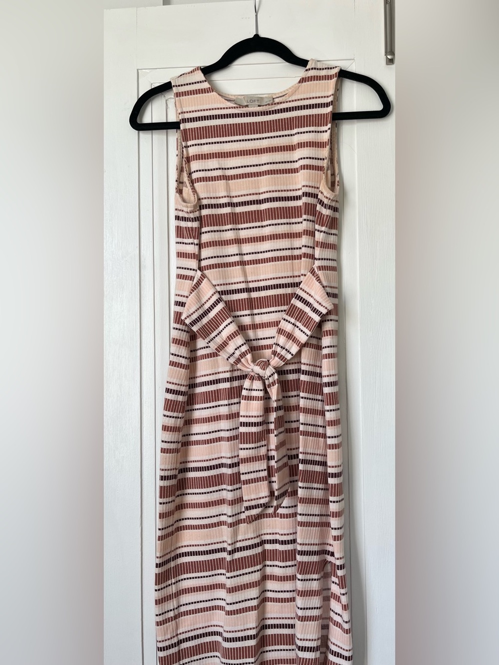 LOFT Striped Tie-Front Midi Dress in Cream and Brown